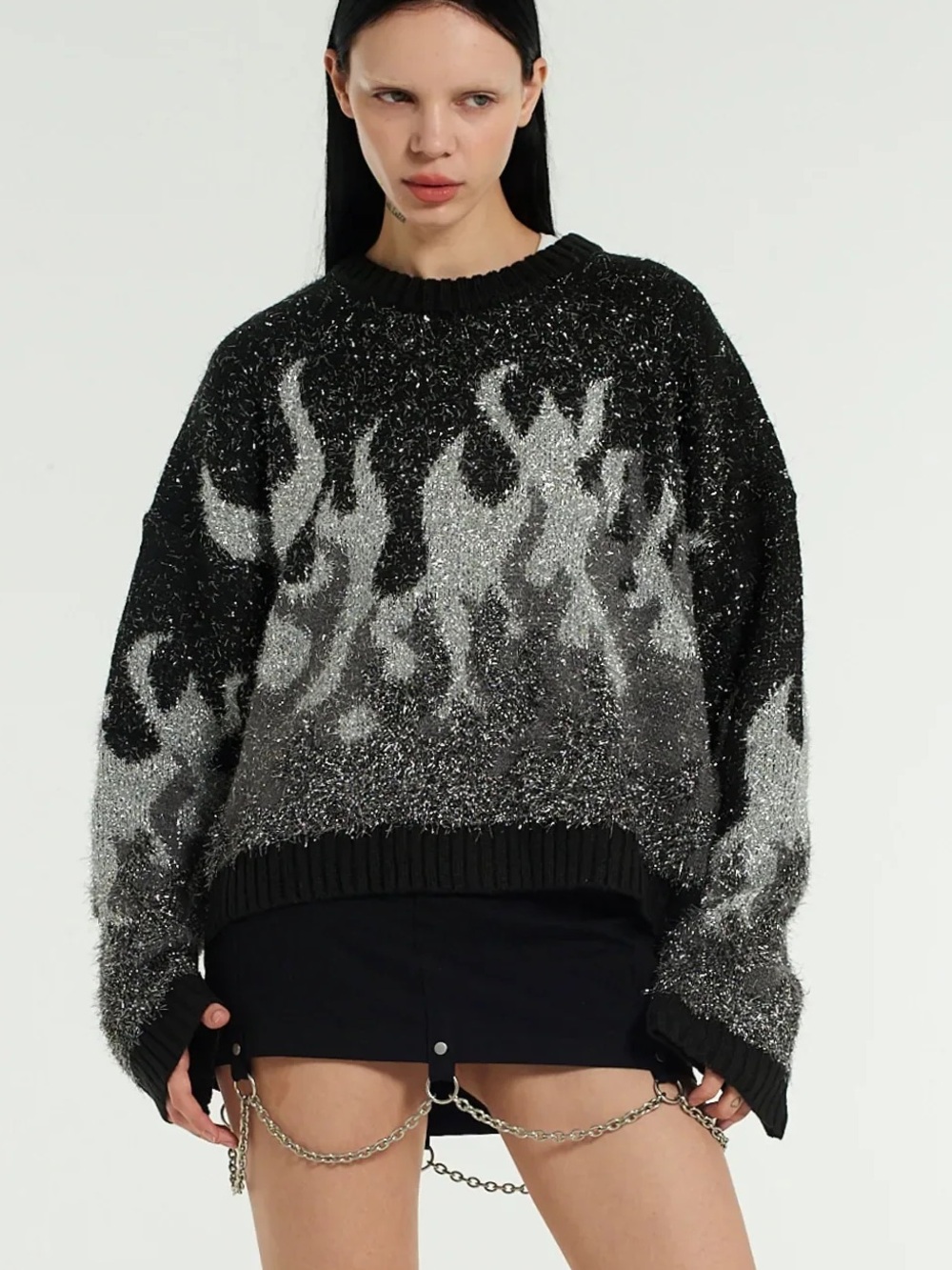 Ragged Priest Flame Fire Oversized Sweater Black and Silver Size Large